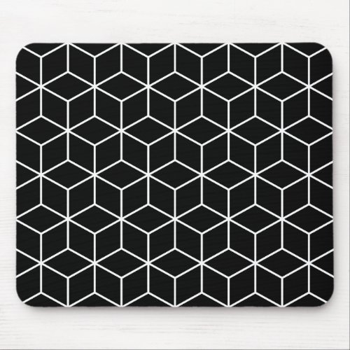 3D Cubes Geometric White Line on Black Lg Pattern Mouse Pad