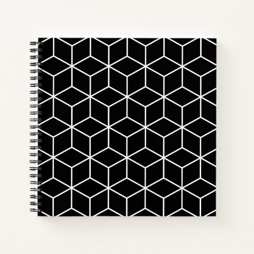 3D Cubes Geometric White Line on Black Lg Pattern Notebook