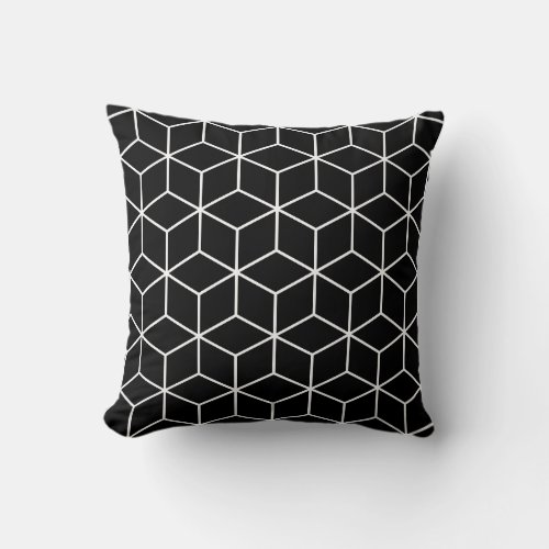3D Cubes Geometric White Line on Black Lg Pattern Throw Pillow