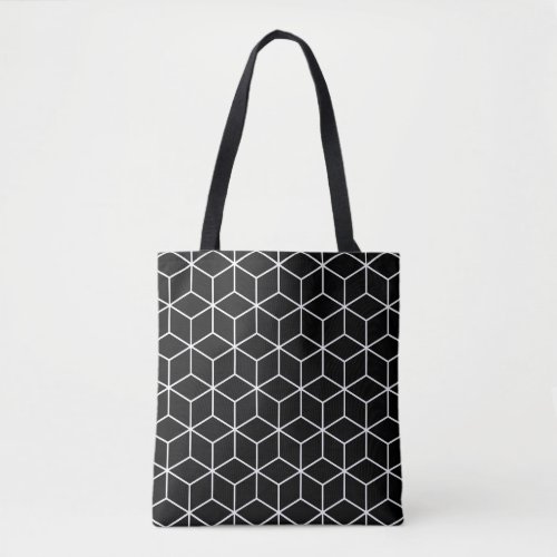 3D Cubes Geometric White Line on Black Lg Pattern Tote Bag