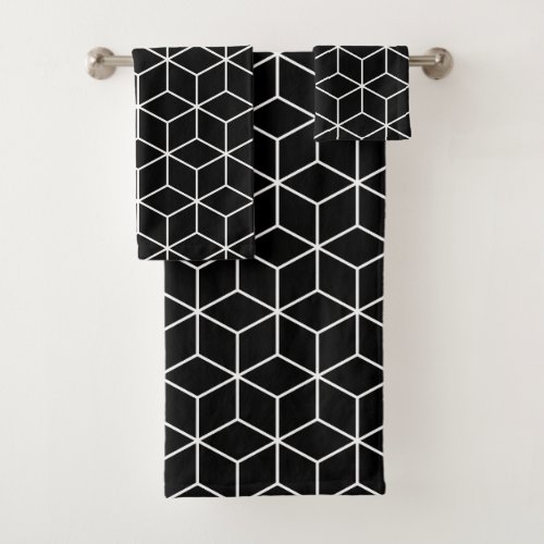 3D Cubes Geometric White Line on Black Pattern Bath Towel Set