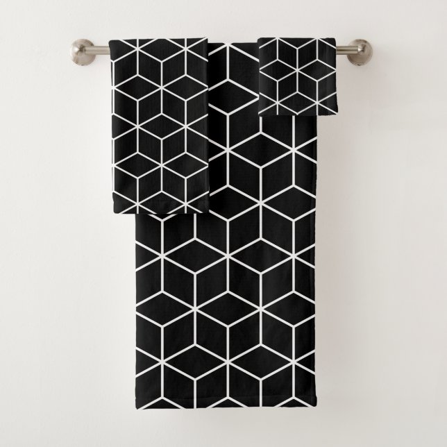3D Cubes Geometric White Line on Black Pattern Bath Towel Set (Insitu)