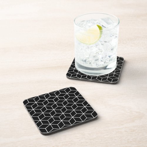 3D Cubes Geometric White Line on Black Pattern Beverage Coaster
