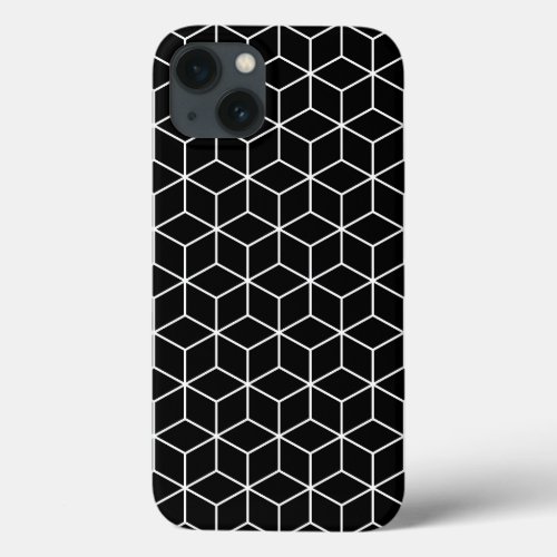 3D Cubes Geometric White Line on Black Pattern iPhone 13 Case
