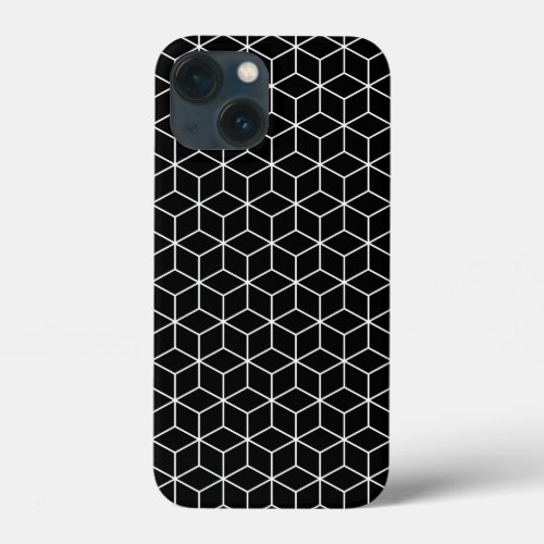 3D Cubes Geometric White Line on Black Pattern iPhone 13 Mini Case