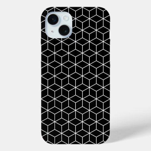 3D Cubes Geometric White Line on Black Pattern iPhone 15 Plus Case