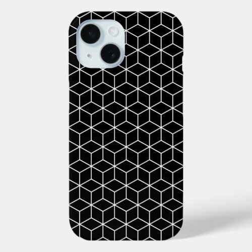 3D Cubes Geometric White Line on Black Pattern iPhone 15 Case