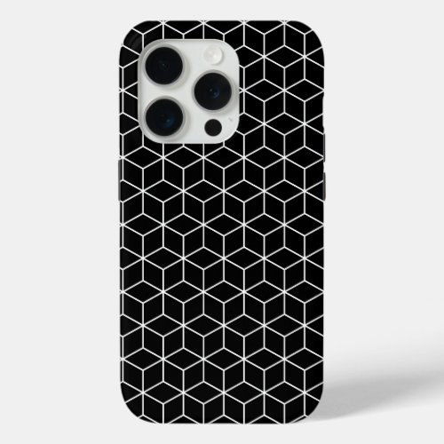 3D Cubes Geometric White Line on Black Pattern iPhone 15 Pro Case