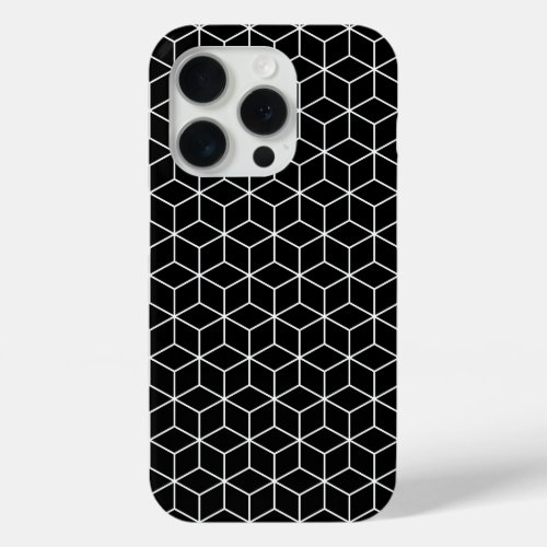 3D Cubes Geometric White Line on Black Pattern iPhone 15 Pro Case