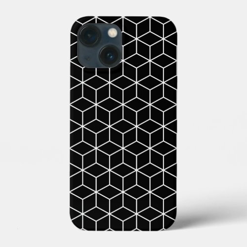 3D Cubes Geometric White Line on Black Pattern iPhone 13 Mini Case