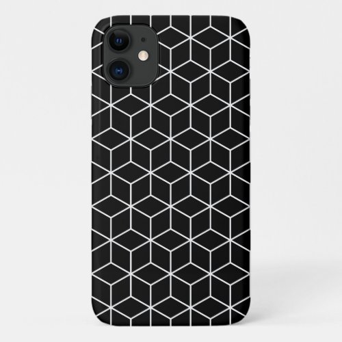 3D Cubes Geometric White Line on Black Pattern iPhone 11 Case