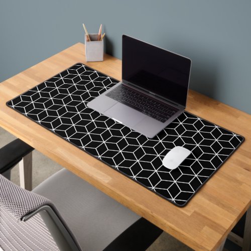 3D Cubes Geometric White Line on Black Pattern Desk Mat