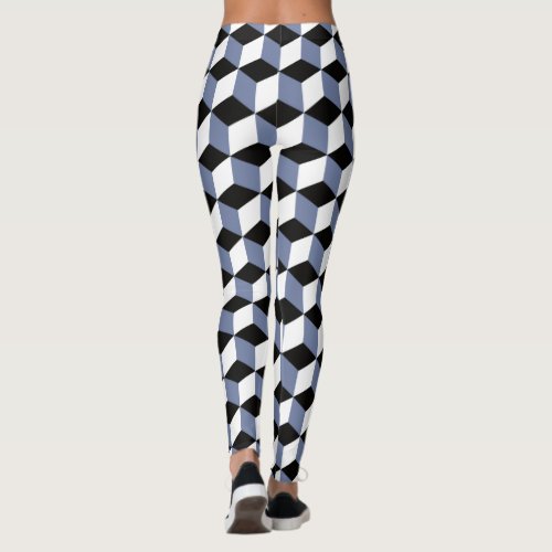 3D Cubes Pattern in Sky Blue Black  White Leggings