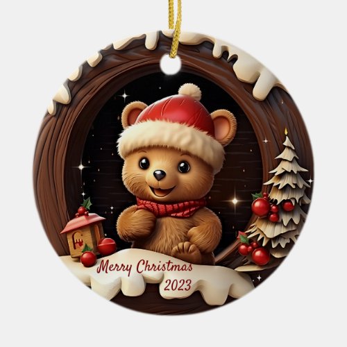 3D Cute Teddy Bear with Santa Hat  Ceramic Ornament