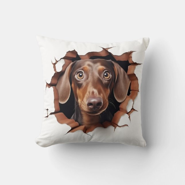 3D Dachshund Cracked Hole Throw Pillow (Front)