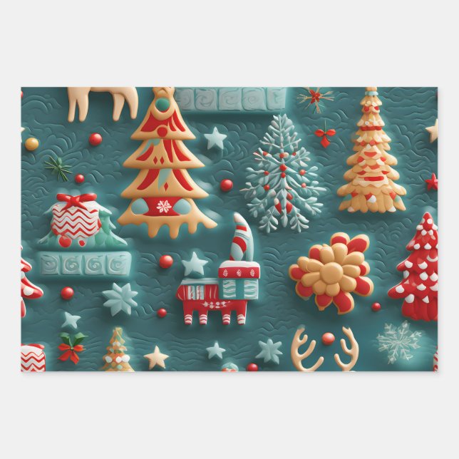 3D Delight Christmas Theme Wrapping Paper Sheets (Front)