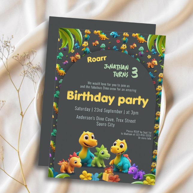 3d Dino cute dinosaur crew 3rd birthday Invitation (Creator Uploaded)