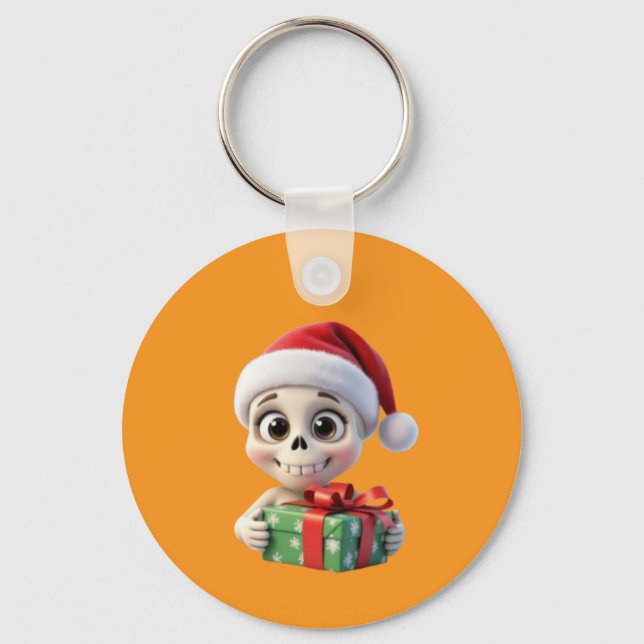 3D Disney Cartoon Santa Skull Holding a Gift Keychain (Front)