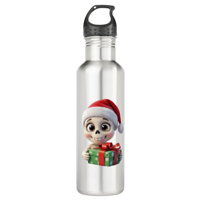 3D Disney Cartoon Santa Skull Holding a Gift Stainless Steel Water Bottle (Front)
