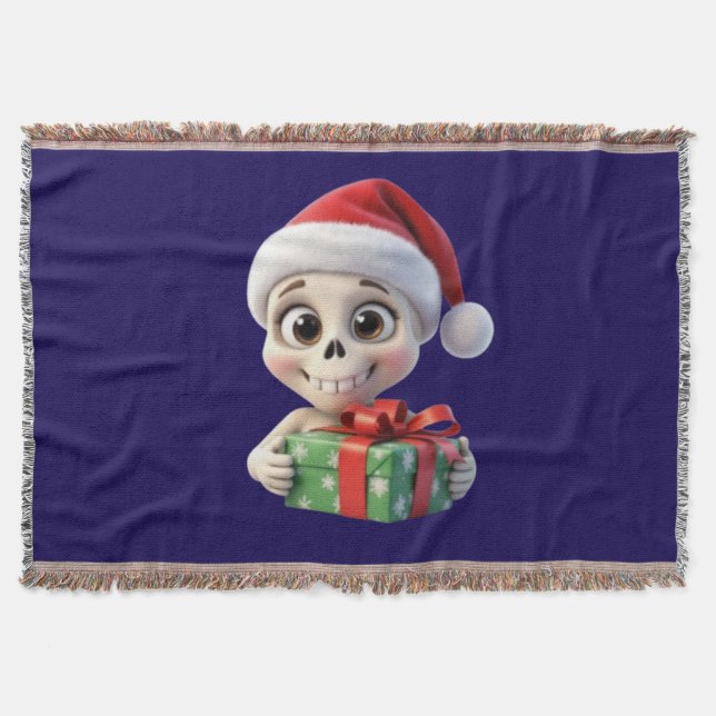 3D Disney Cartoon Santa Skull Holding a Gift Throw Blanket (Front)