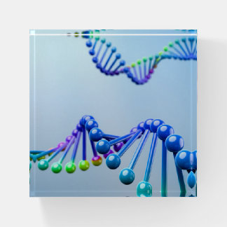 3D DNA double helix ona blue background Paperweight