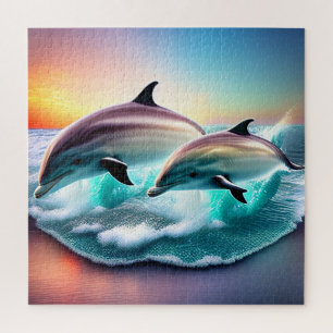 3D Dolphins Ocean Sunset Tropical Beach Vibe Jigsaw Puzzle