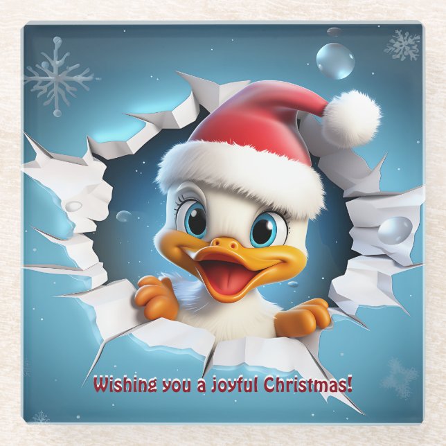 3D Duck Christmas   Glass Coaster (Front)