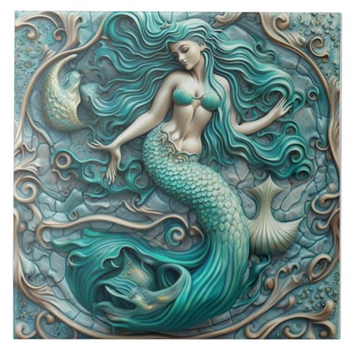3D effect Aqua Marine Ceramic Tile Mermaid Design