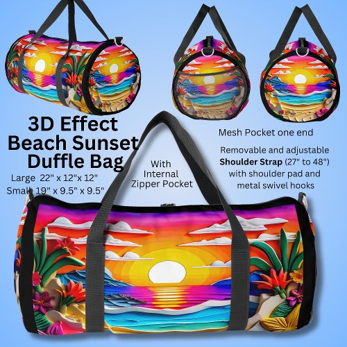 3D Effect Beach Sunset Flowers Clouds Painting Duffle Bag