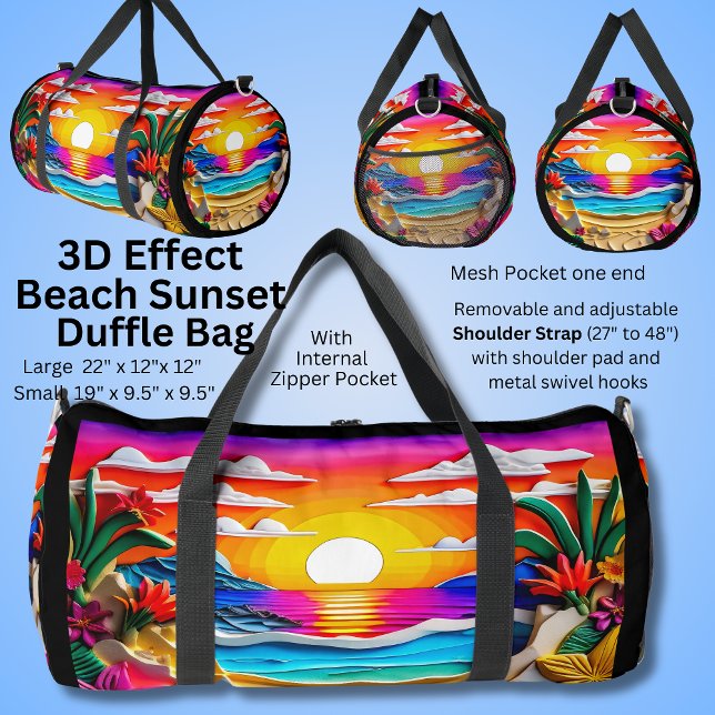 3D Effect, Beach Sunset Flowers Clouds Painting Duffle Bag (Creator Uploaded)