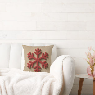 3D Effect Beige and Red Minimalist Snowflake Throw Pillow