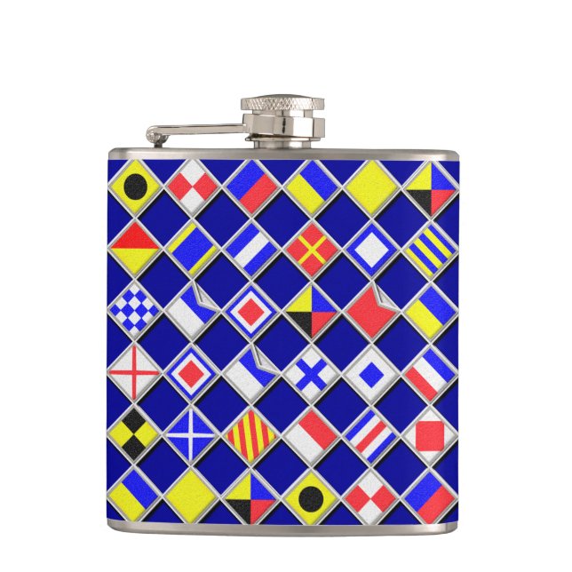 3D Effect Checkered Nautical Flag tiles Motif Hip Flask (Front)