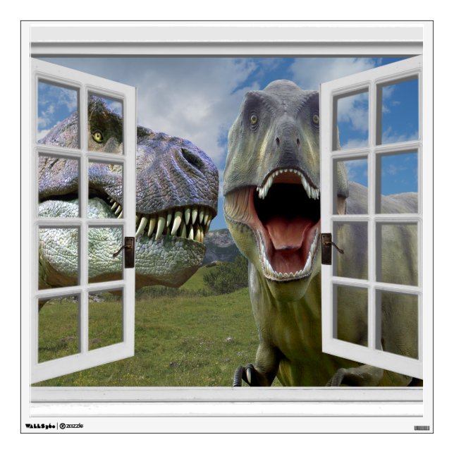 3D Effect T-Rex Dinosaurs Mural Fake Window Wall Decal (Front)