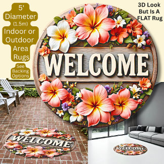 3D Effect, Tropical Flower Welcome, Flat Round Rug
