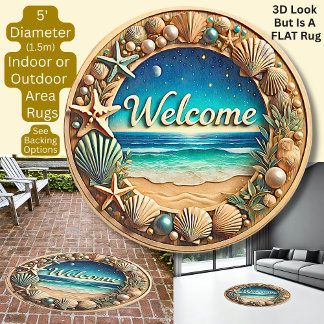 3D Effect, Welcome Beach Scene, Flat Round Rug