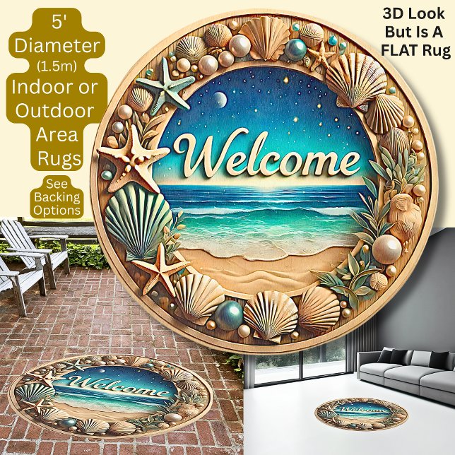 3D Effect, Welcome Beach Scene, Flat Round Rug (Creator Uploaded)