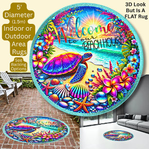 3D Effect, Welcome To Our Beach House, Flat Round Rug