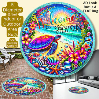 3D Effect, Welcome To Our Beach House, Flat Round Rug