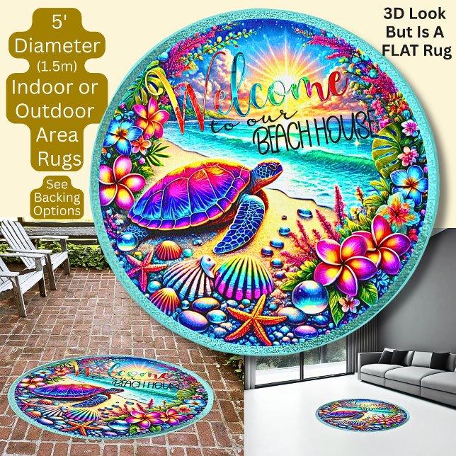 3D Effect, Welcome To Our Beach House, Flat Round  Rug (Creator Uploaded)