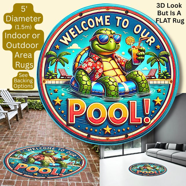 3D Effect, Welcome To Our Pool, Flat Round Outdoor Rug (Creator Uploaded)