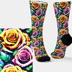 3D Effect Yellow Mauve Rose Flowers Socks