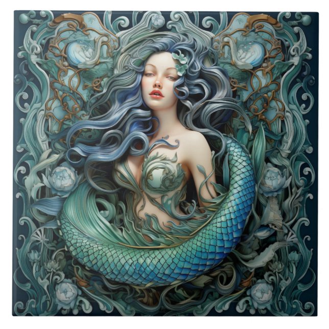 3D effet Mermaid, Aqua Marine Art Ceramic Tile (Front)