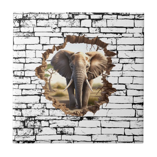 3D Elephant Wall Break Art – Realistic Safari (2) Ceramic Tile (Front)
