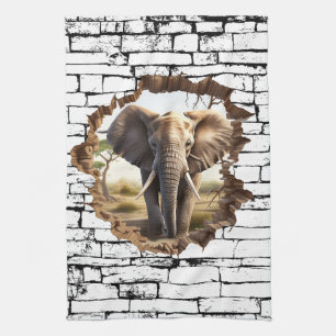 3D Elephant Wall Break Art – Realistic Safari (2) Kitchen Towel