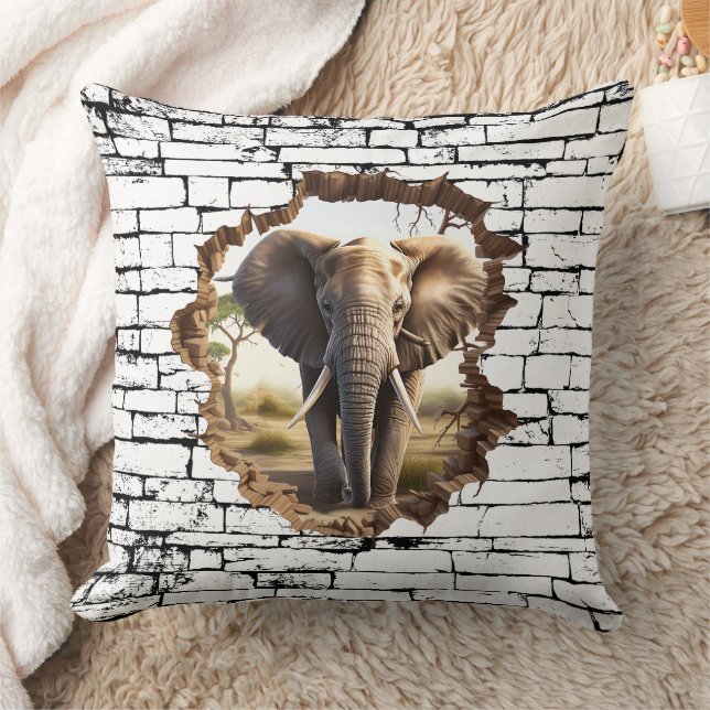 3D Elephant Wall Break Art – Realistic Safari (2) Throw Pillow (Blanket)
