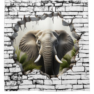 3D Elephant Wall Break Art – Realistic Safari Shower Curtain