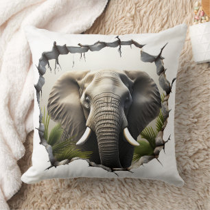 3D Elephant Wall Break Art – Realistic Safari Throw Pillow
