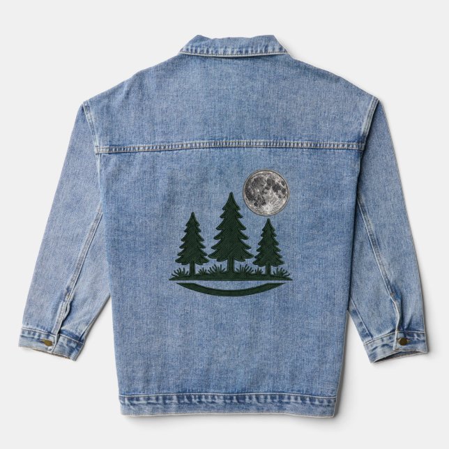 3D Embroidered Forest Pine Trees & Full Moon Denim Jacket (Back)
