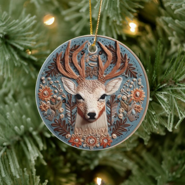 3D Embroidered Look Deer Buck Country Landscape Ceramic Ornament (Tree)