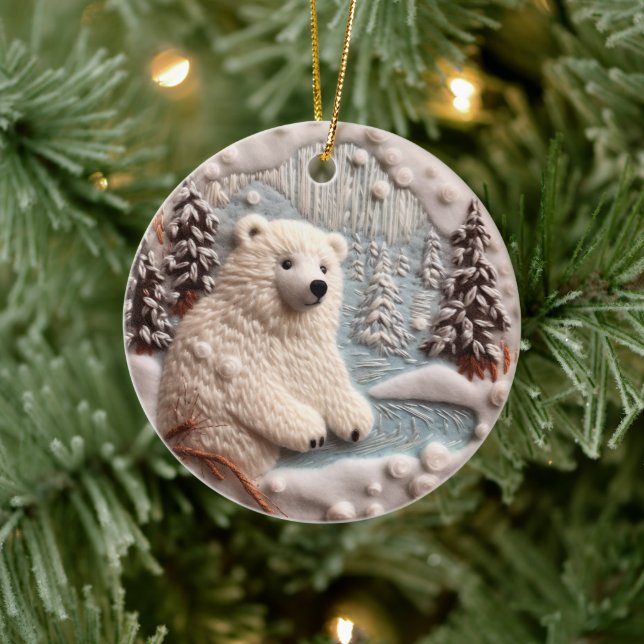 3D Embroidered Look Polar Bear Christmas Winter  Ceramic Ornament (Tree)